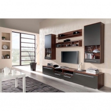 Barna színűre pácolt fa nappali bútor fekete ajtókkal