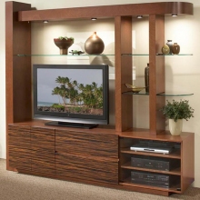 Calvados színű nappali szekrény bútorlapból, hifi tartóval, zebrano ajtókkal, led világítással